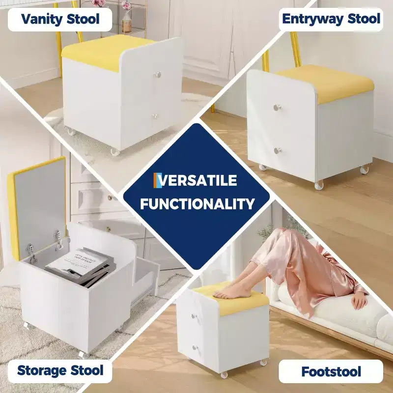 Sgabello Moderno per Toeletta con Cassetto Contenitore, Pouf in Pelle PU da 17.3 con Ruote Bloccabili, Sedia da Trucco Multifunzionale per Camera da Letto e Soggiorno