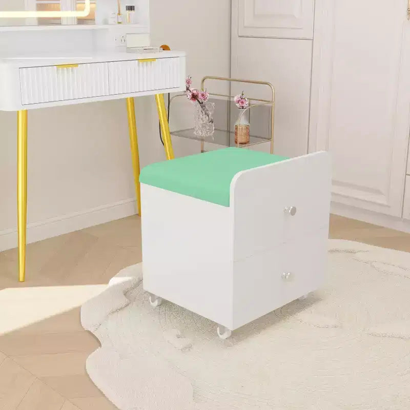 Sgabello Moderno per Toeletta con Cassetto Contenitore, Pouf in Pelle PU da 17.3 con Ruote Bloccabili, Sedia da Trucco Multifunzionale per Camera da Letto e Soggiorno