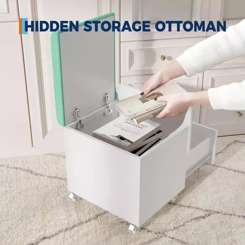 Sgabello Moderno per Toeletta con Cassetto Contenitore, Pouf in Pelle PU da 17.3 con Ruote Bloccabili, Sedia da Trucco Multifunzionale per Camera da Letto e Soggiorno
