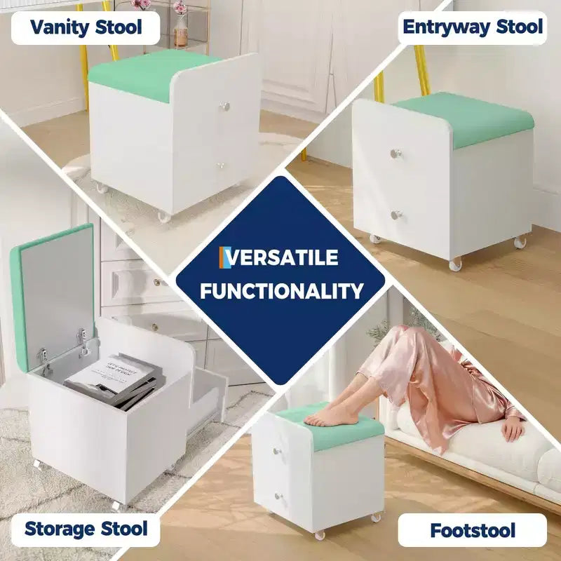 Sgabello Moderno per Toeletta con Cassetto Contenitore, Pouf in Pelle PU da 17.3 con Ruote Bloccabili, Sedia da Trucco Multifunzionale per Camera da Letto e Soggiorno