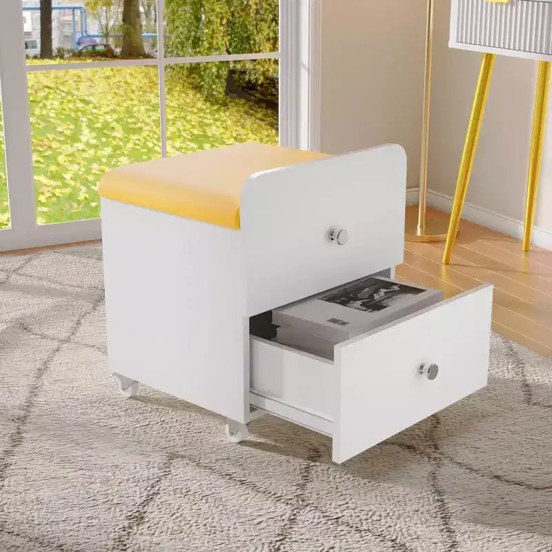 Sgabello Moderno per Toeletta con Cassetto Contenitore, Pouf in Pelle PU da 17.3 con Ruote Bloccabili, Sedia da Trucco Multifunzionale per Camera da Letto e Soggiorno