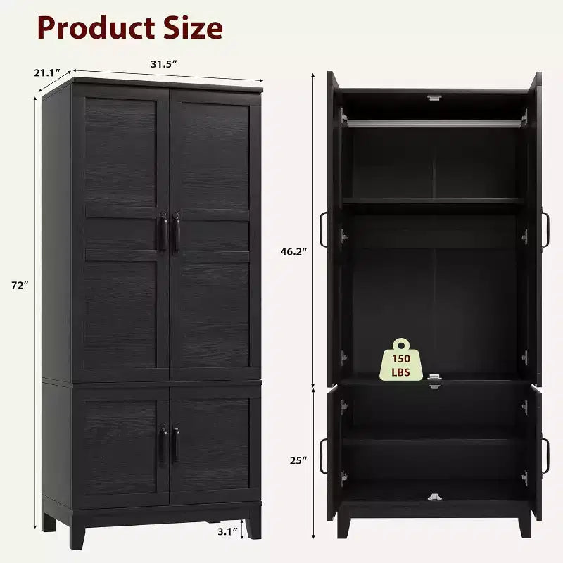 Armadio Guardaroba, Armadio in Legno da 182 cm con Asta Appendici, Armadio Alto con Ripiani Regolabili per la Camera da Letto