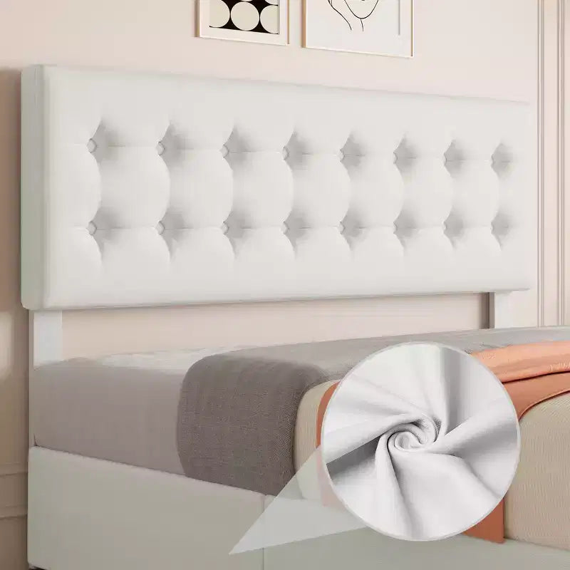 Struttura letto con 4 cassetti contenitore e testiera regolabile, piattaforma imbottita in similpelle, trapuntata con bottoni, robuste doghe in legno, non è necessario il sommier a molle