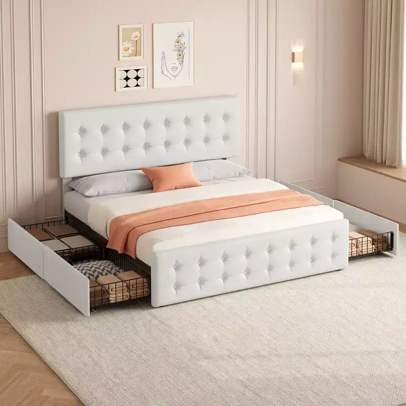 Struttura letto con 4 cassetti contenitore e testiera regolabile, piattaforma imbottita in similpelle, trapuntata con bottoni, robuste doghe in legno, non è necessario il sommier a molle
