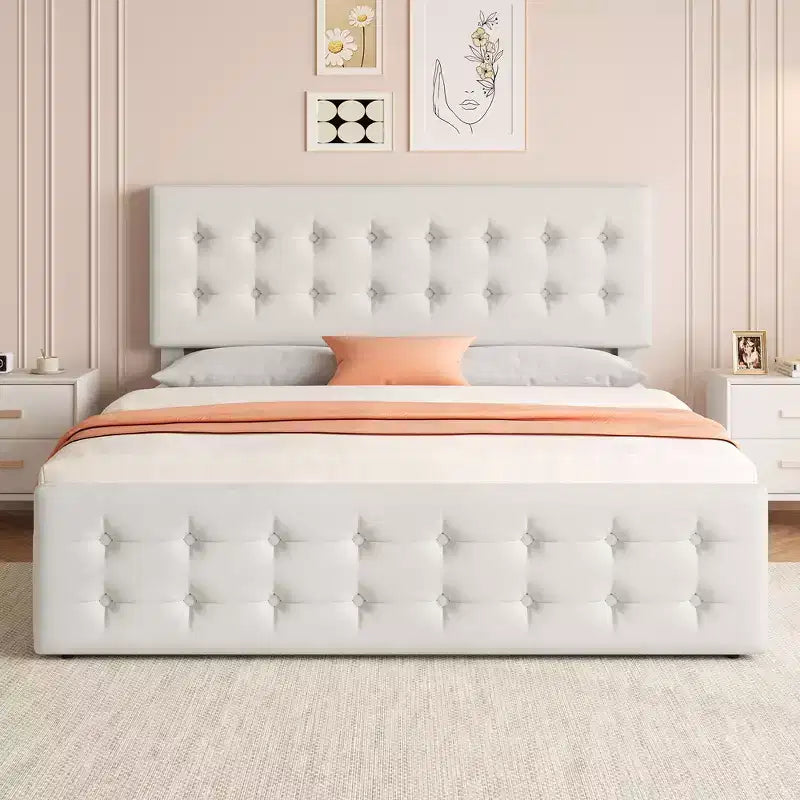 Estructura de cama con 4 cajones de almacenamiento y cabecero ajustable, plataforma tapizada en piel sintética, capitoné, listones de madera resistentes, no requiere somier