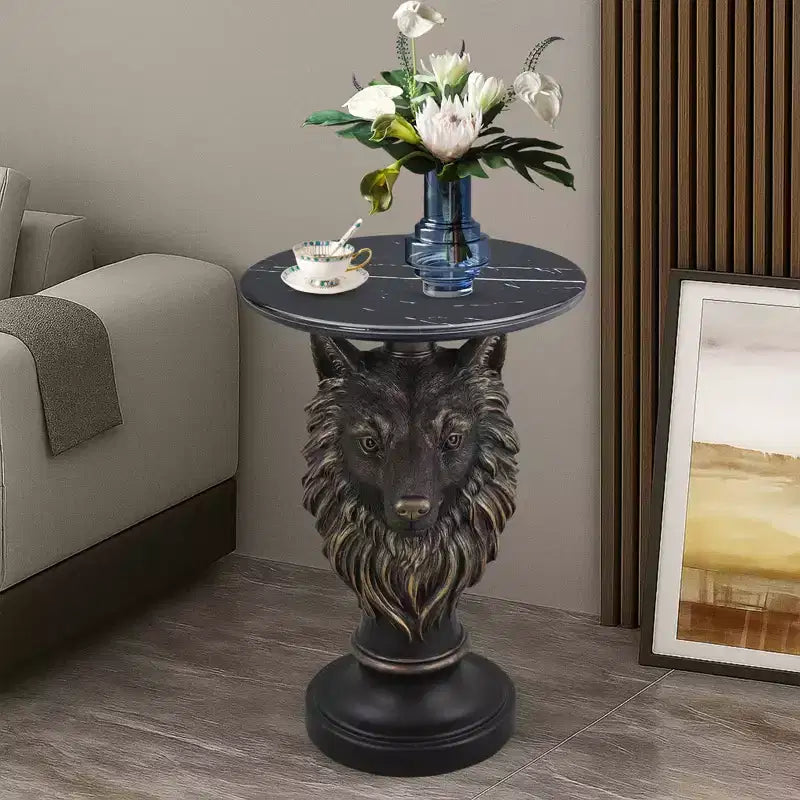 Tavolino d'appoggio con testa di lupo, Tavolino con statua di animale per l'arredamento del soggiorno