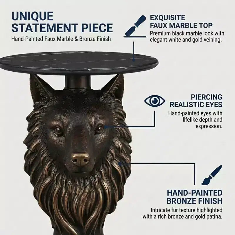 Tavolino d'appoggio con testa di lupo, Tavolino con statua di animale per l'arredamento del soggiorno