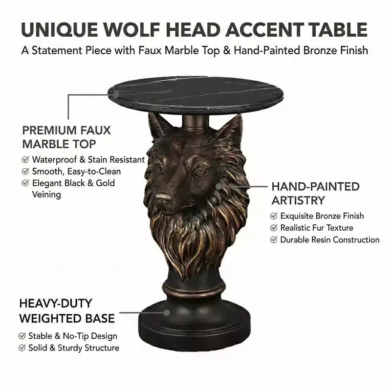 Tavolino d'appoggio con testa di lupo, Tavolino con statua di animale per l'arredamento del soggiorno