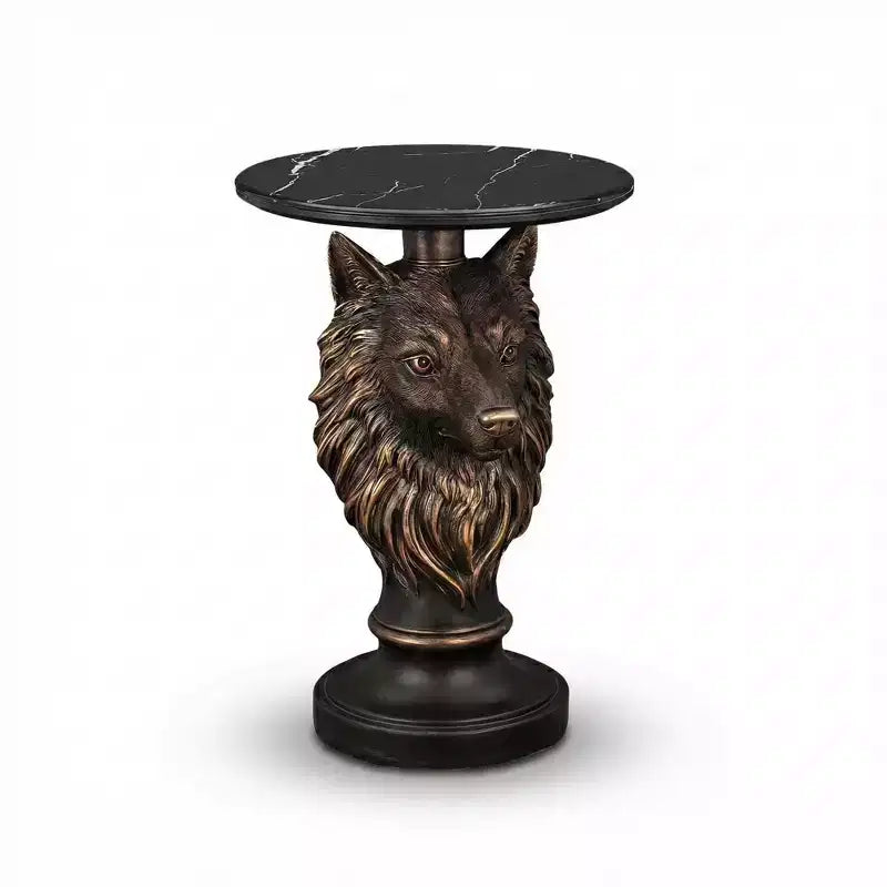 Tavolino d'appoggio con testa di lupo, Tavolino con statua di animale per l'arredamento del soggiorno