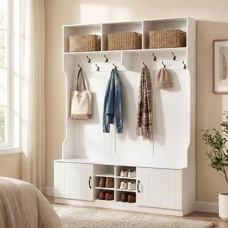 Costway Appendiabiti da Ingresso 3-in-1/6-in-1 con Panca Contenitore, Ripiani Regolabili, Ganci Appendiabiti, Scomparti per Scarpe, Bianco