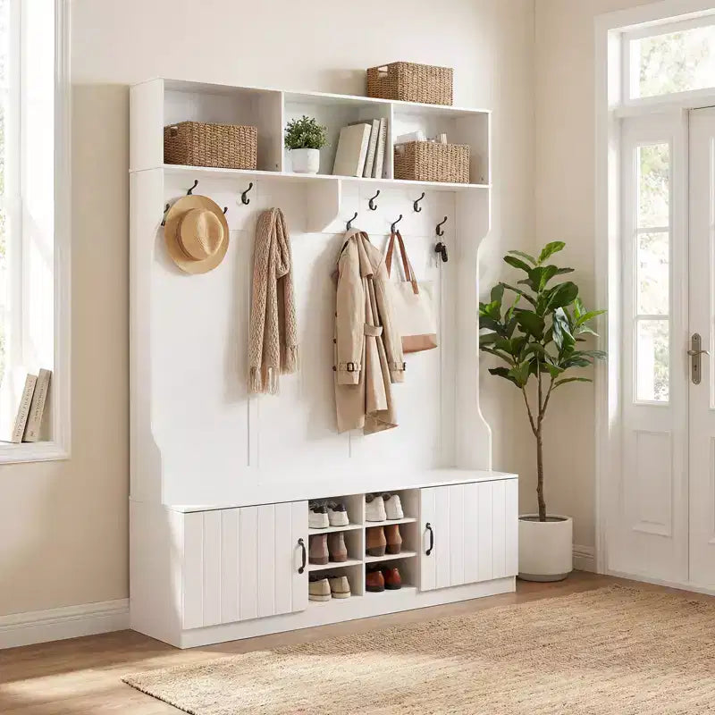 Costway Appendiabiti da Ingresso 3-in-1/6-in-1 con Panca Contenitore, Ripiani Regolabili, Ganci Appendiabiti, Scomparti per Scarpe, Bianco
