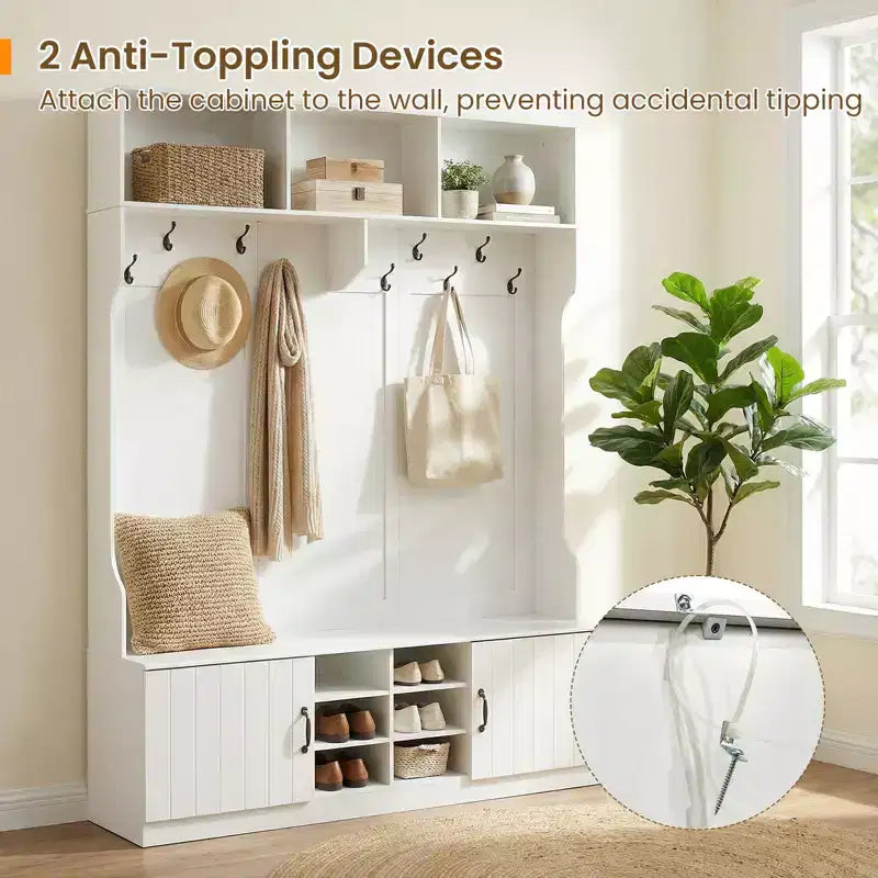 Costway Appendiabiti da Ingresso 3-in-1/6-in-1 con Panca Contenitore, Ripiani Regolabili, Ganci Appendiabiti, Scomparti per Scarpe, Bianco