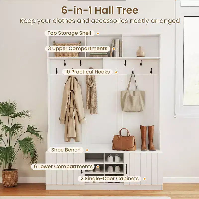 Costway Appendiabiti da Ingresso 3-in-1/6-in-1 con Panca Contenitore, Ripiani Regolabili, Ganci Appendiabiti, Scomparti per Scarpe, Bianco