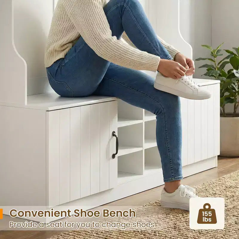 Costway Appendiabiti da Ingresso 3-in-1/6-in-1 con Panca Contenitore, Ripiani Regolabili, Ganci Appendiabiti, Scomparti per Scarpe, Bianco