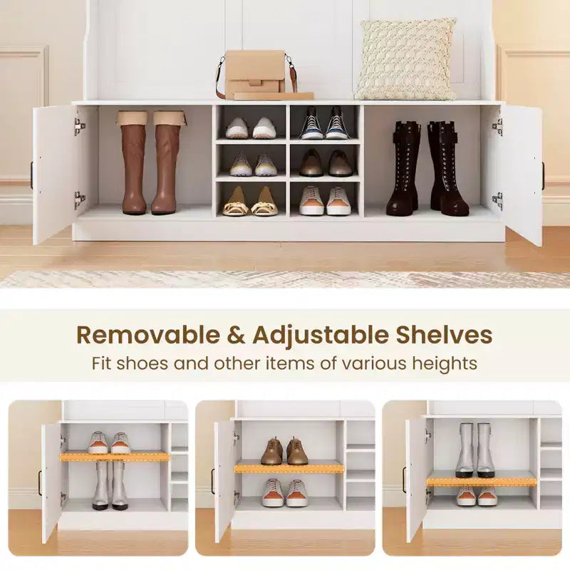 Costway Appendiabiti da Ingresso 3-in-1/6-in-1 con Panca Contenitore, Ripiani Regolabili, Ganci Appendiabiti, Scomparti per Scarpe, Bianco