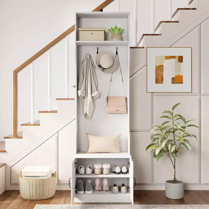 Costway Appendiabiti da Ingresso 3-in-1/6-in-1 con Panca Contenitore, Ripiani Regolabili, Ganci Appendiabiti, Scomparti per Scarpe, Bianco