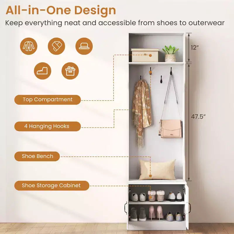 Costway Appendiabiti da Ingresso 3-in-1/6-in-1 con Panca Contenitore, Ripiani Regolabili, Ganci Appendiabiti, Scomparti per Scarpe, Bianco