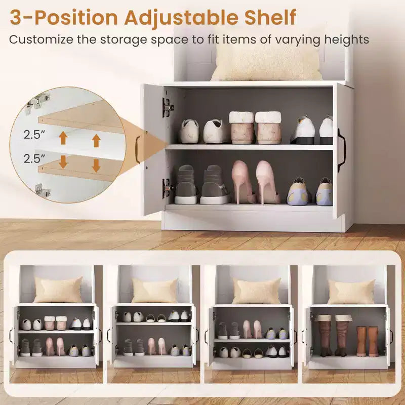 Costway Appendiabiti da Ingresso 3-in-1/6-in-1 con Panca Contenitore, Ripiani Regolabili, Ganci Appendiabiti, Scomparti per Scarpe, Bianco