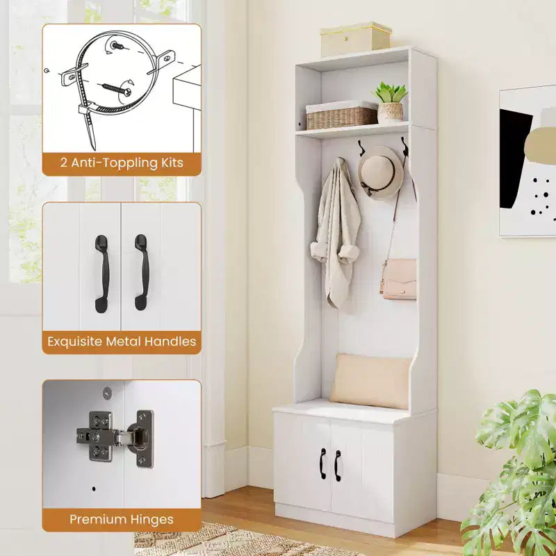 Costway Appendiabiti da Ingresso 3-in-1/6-in-1 con Panca Contenitore, Ripiani Regolabili, Ganci Appendiabiti, Scomparti per Scarpe, Bianco
