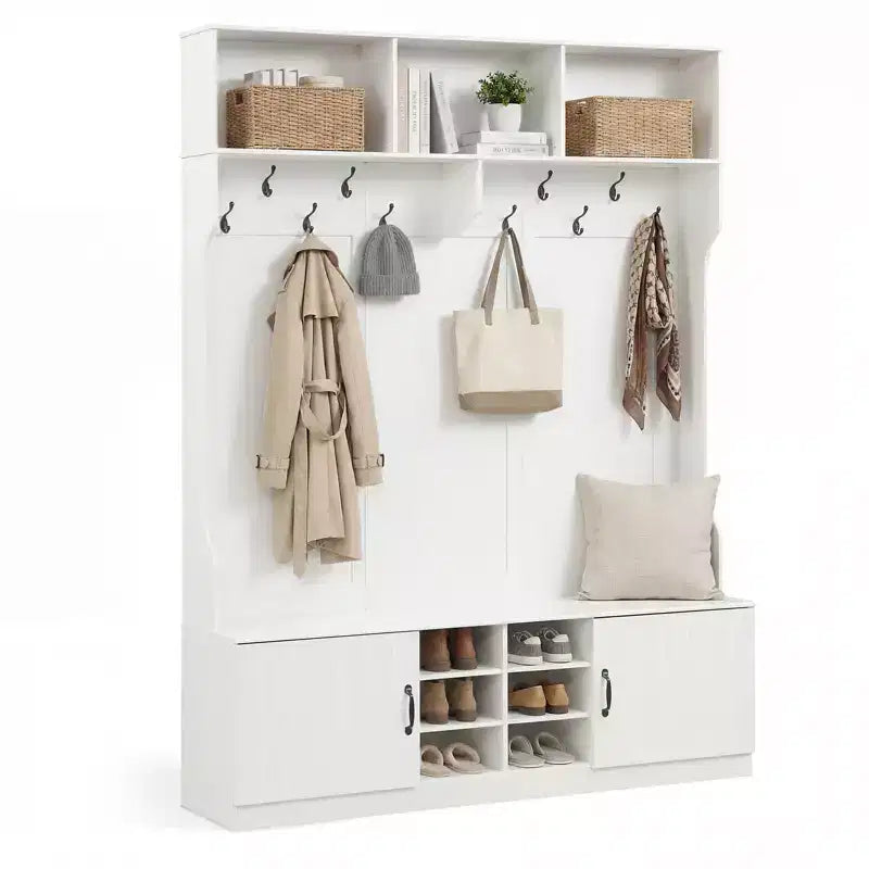 Costway Appendiabiti da Ingresso 3-in-1/6-in-1 con Panca Contenitore, Ripiani Regolabili, Ganci Appendiabiti, Scomparti per Scarpe, Bianco