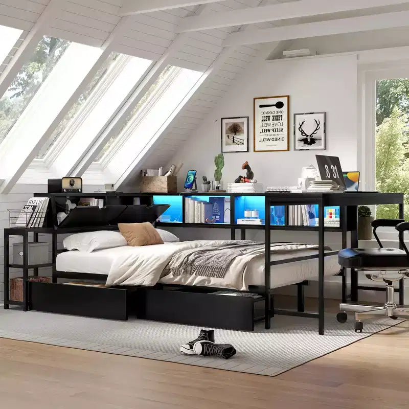 Struttura letto angolare matrimoniale con libreria, 2 cassetti, luci LED e stazione di ricarica, configurazione reversibile, nero