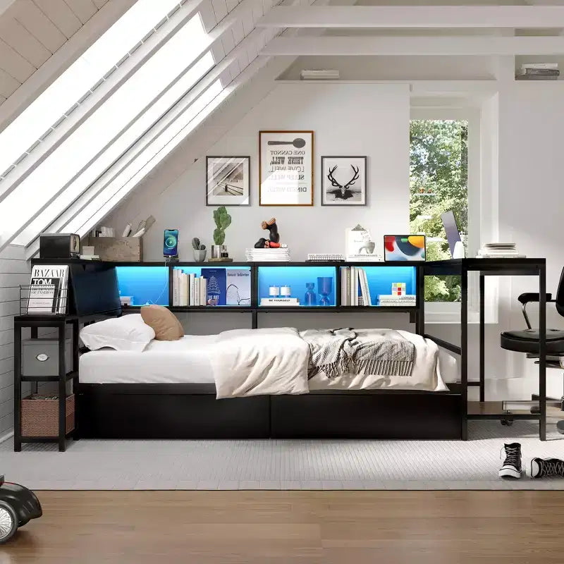 Struttura letto angolare matrimoniale con libreria, 2 cassetti, luci LED e stazione di ricarica, configurazione reversibile, nero