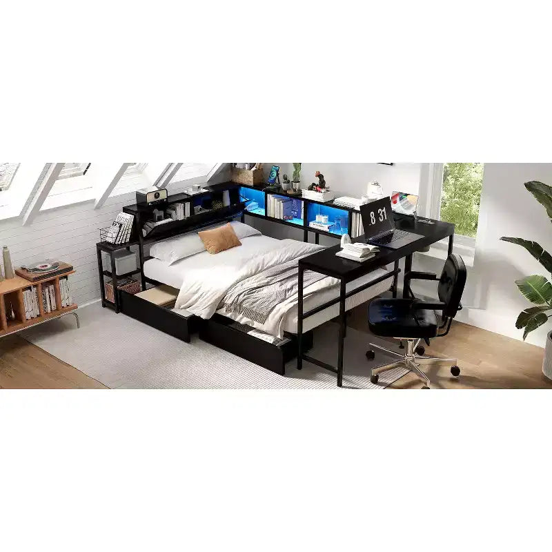 Struttura letto angolare matrimoniale con libreria, 2 cassetti, luci LED e stazione di ricarica, configurazione reversibile, nero