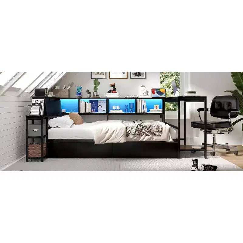 Struttura letto angolare matrimoniale con libreria, 2 cassetti, luci LED e stazione di ricarica, configurazione reversibile, nero