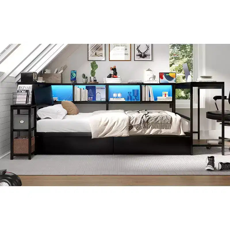 Struttura letto angolare matrimoniale con libreria, 2 cassetti, luci LED e stazione di ricarica, configurazione reversibile, nero