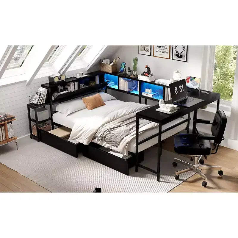 Struttura letto angolare matrimoniale con libreria, 2 cassetti, luci LED e stazione di ricarica, configurazione reversibile, nero