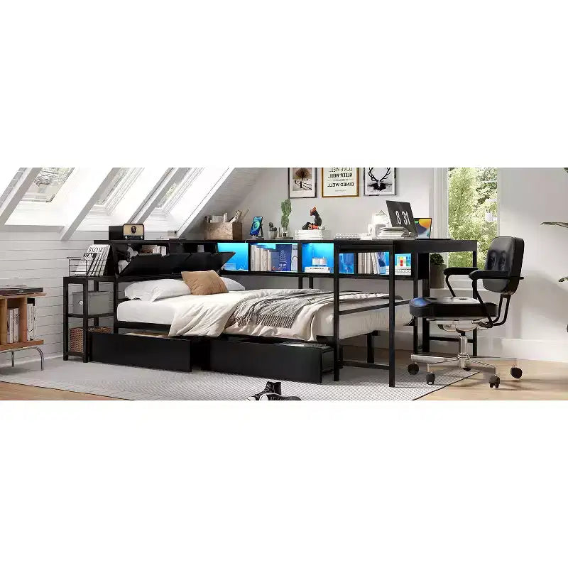 Struttura letto angolare matrimoniale con libreria, 2 cassetti, luci LED e stazione di ricarica, configurazione reversibile, nero