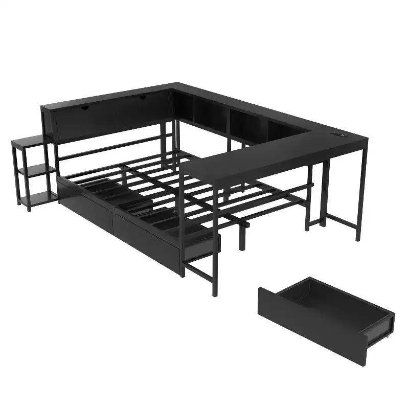 Struttura letto angolare matrimoniale con libreria, 2 cassetti, luci LED e stazione di ricarica, configurazione reversibile, nero