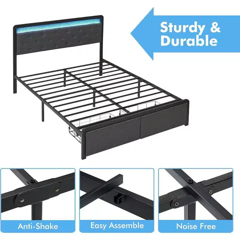 Struttura letto a piattaforma in metallo Full Size con luci a LED e 2 cassetti portaoggetti, senza rumore, non necessita di rete a molle, facile montaggio, grigio
