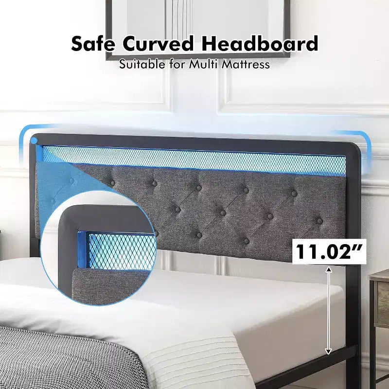Struttura letto a piattaforma in metallo Full Size con luci a LED e 2 cassetti portaoggetti, senza rumore, non necessita di rete a molle, facile montaggio, grigio