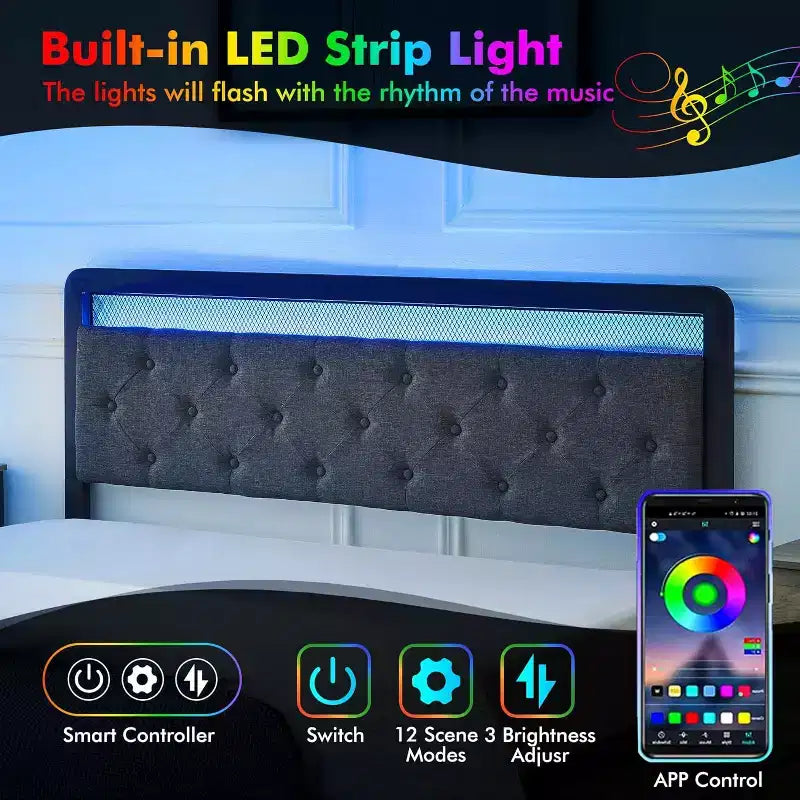 Struttura letto a piattaforma in metallo Full Size con luci a LED e 2 cassetti portaoggetti, senza rumore, non necessita di rete a molle, facile montaggio, grigio