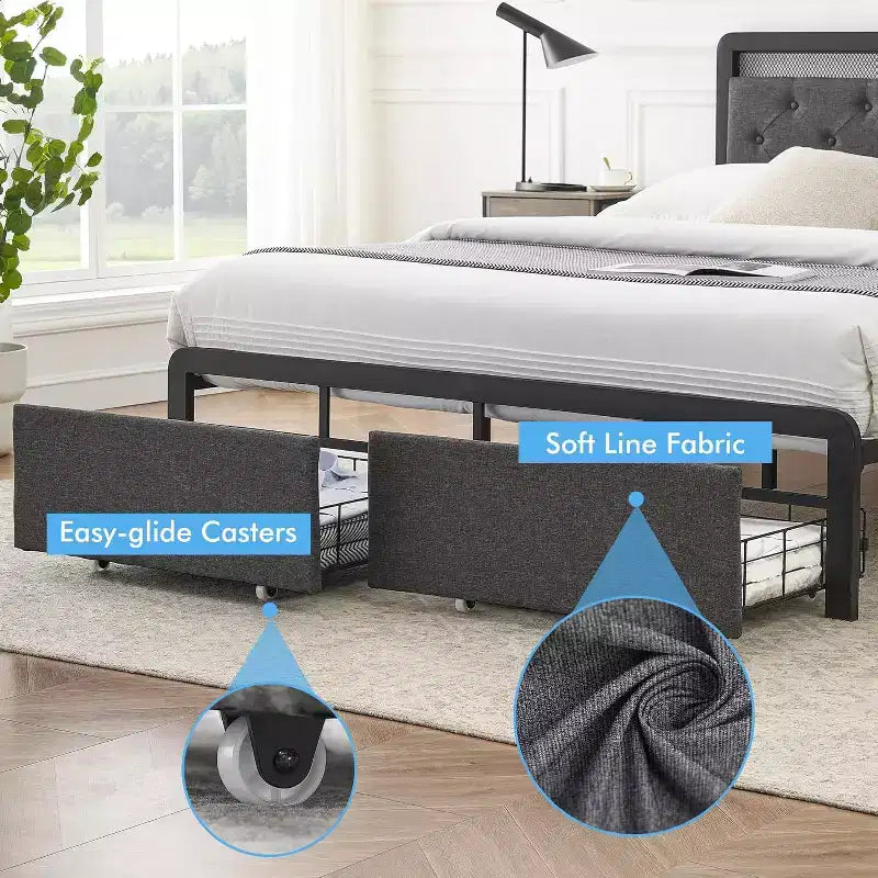 Struttura letto a piattaforma in metallo Full Size con luci a LED e 2 cassetti portaoggetti, senza rumore, non necessita di rete a molle, facile montaggio, grigio