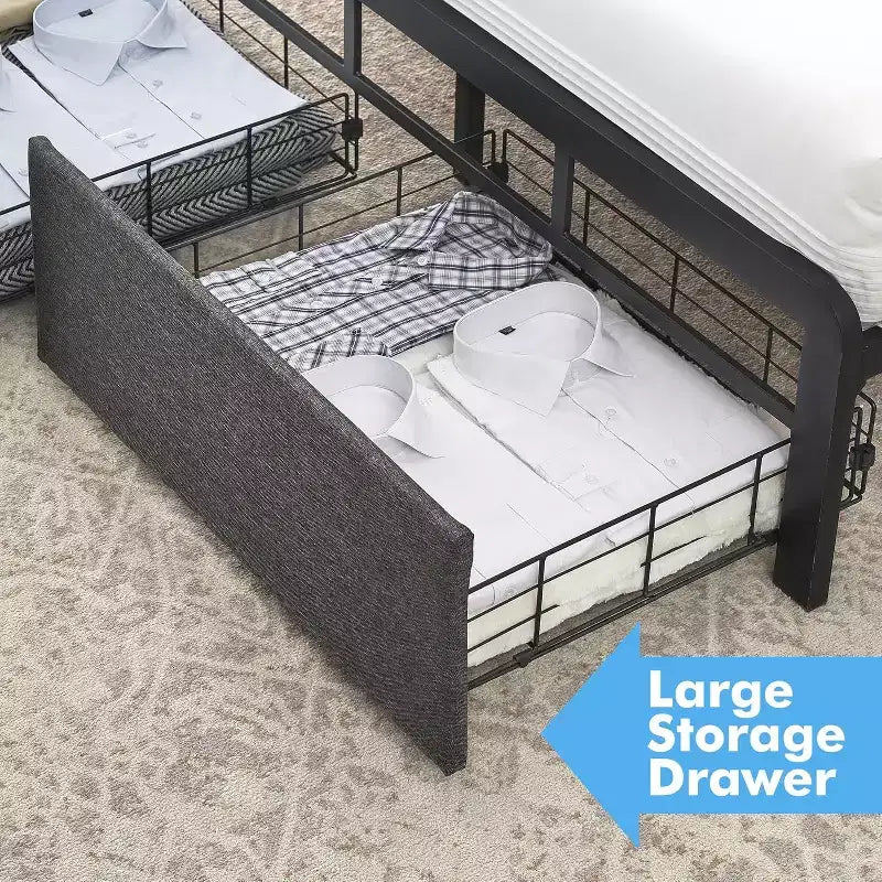 Struttura letto a piattaforma in metallo Full Size con luci a LED e 2 cassetti portaoggetti, senza rumore, non necessita di rete a molle, facile montaggio, grigio