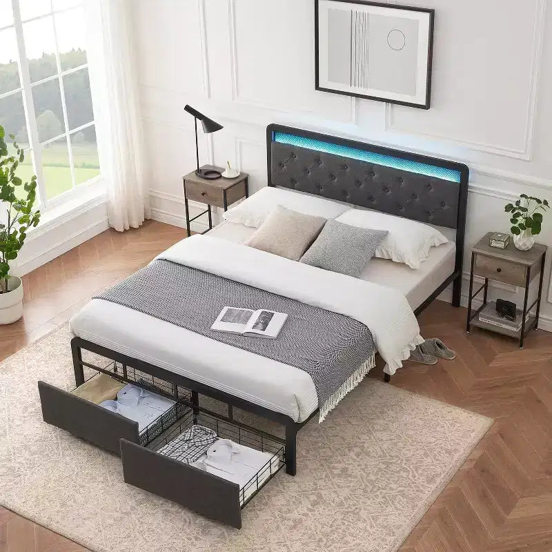 Struttura letto a piattaforma in metallo Full Size con luci a LED e 2 cassetti portaoggetti, senza rumore, non necessita di rete a molle, facile montaggio, grigio