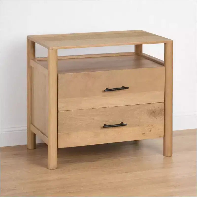 Tavolino da Comodino Royal Hampton Geti da 29 pollici, 2 Cassetti, Ripiano Aperto, Legno di Mango Bianco Rovere Naturale Lavorato a Mano