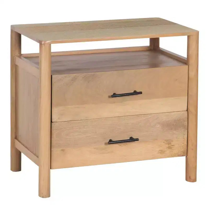 Tavolino da Comodino Royal Hampton Geti da 29 pollici, 2 Cassetti, Ripiano Aperto, Legno di Mango Bianco Rovere Naturale Lavorato a Mano