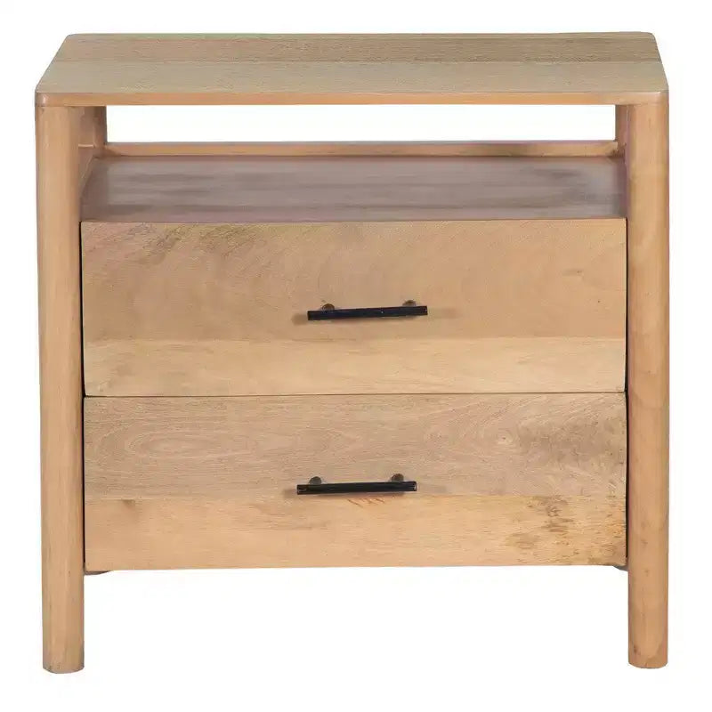 Tavolino da Comodino Royal Hampton Geti da 29 pollici, 2 Cassetti, Ripiano Aperto, Legno di Mango Bianco Rovere Naturale Lavorato a Mano
