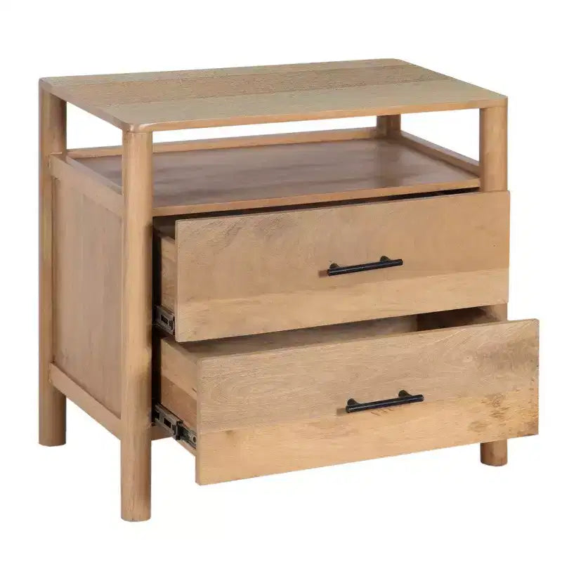 Tavolino da Comodino Royal Hampton Geti da 29 pollici, 2 Cassetti, Ripiano Aperto, Legno di Mango Bianco Rovere Naturale Lavorato a Mano