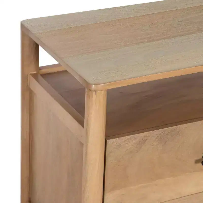 Tavolino da Comodino Royal Hampton Geti da 29 pollici, 2 Cassetti, Ripiano Aperto, Legno di Mango Bianco Rovere Naturale Lavorato a Mano