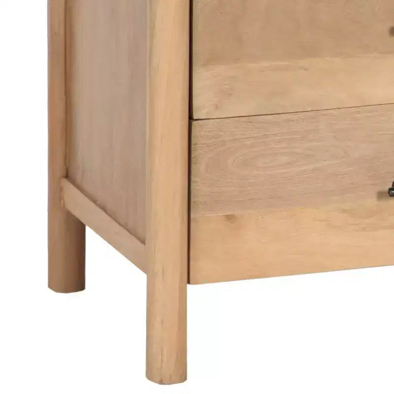 Tavolino da Comodino Royal Hampton Geti da 29 pollici, 2 Cassetti, Ripiano Aperto, Legno di Mango Bianco Rovere Naturale Lavorato a Mano