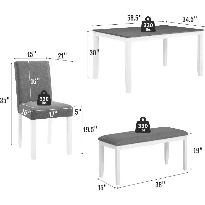 Zevemomo Set da Pranzo 6 Pezzi in Legno con Sedie Imbottite e Panchina per Sala da Pranzo, Cucina, Ristorante, Grigio e Bianco