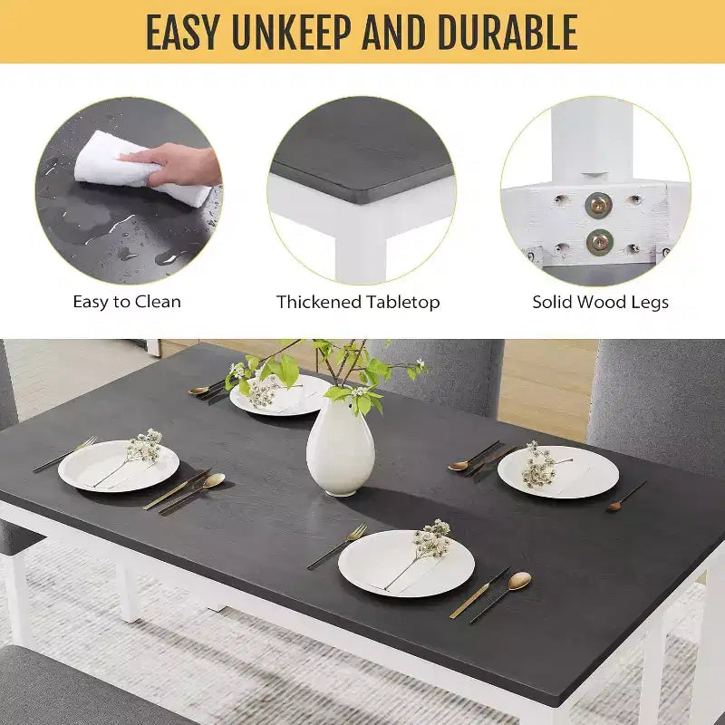 Zevemomo Set da Pranzo 6 Pezzi in Legno con Sedie Imbottite e Panchina per Sala da Pranzo, Cucina, Ristorante, Grigio e Bianco
