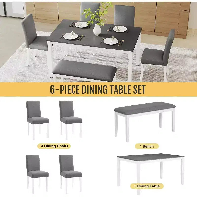 Zevemomo Set da Pranzo 6 Pezzi in Legno con Sedie Imbottite e Panchina per Sala da Pranzo, Cucina, Ristorante, Grigio e Bianco