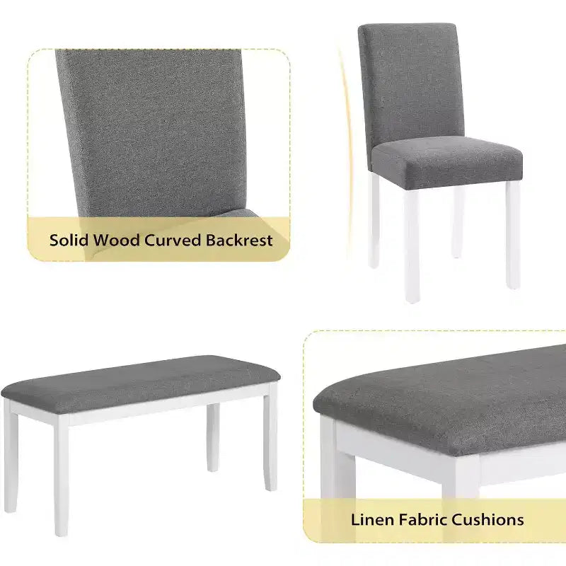 Zevemomo Set da Pranzo 6 Pezzi in Legno con Sedie Imbottite e Panchina per Sala da Pranzo, Cucina, Ristorante, Grigio e Bianco