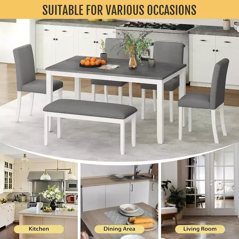Zevemomo Set da Pranzo 6 Pezzi in Legno con Sedie Imbottite e Panchina per Sala da Pranzo, Cucina, Ristorante, Grigio e Bianco