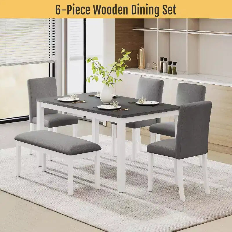 Zevemomo Set da Pranzo 6 Pezzi in Legno con Sedie Imbottite e Panchina per Sala da Pranzo, Cucina, Ristorante, Grigio e Bianco